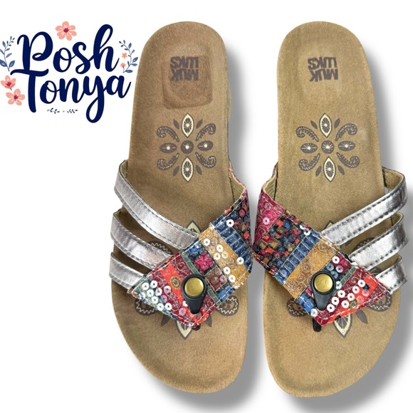 Muk Luks Size 10 Wedge Sandals Metallic Patchwork Boho Sequin Cork Festival - Picture 1 of 16